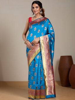 Vervee Couture - Blue Woven Silk Blend Saree with Unstitched Blouse