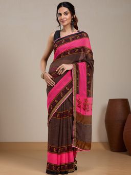 Vervee Couture - Brown Printed Poly Georgette Saree with Unstitched Blouse