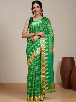 Vervee Couture - Green Floral Print Silk Blend Saree with Unstitched Blouse