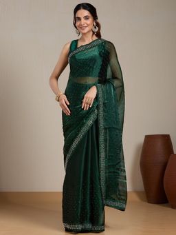 Vervee Couture - Green Embellished Poly Georgette Saree with Unstitched Blouse