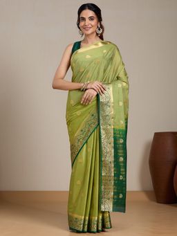 Vervee Couture - Lime Green Woven Silk Blend Saree with Unstitched Blouse