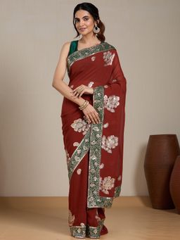 Vervee Couture - Maroon Floral Embellished Saree with Unstitched Blouse