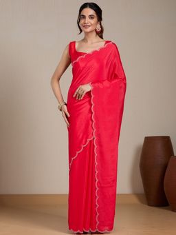 Vervee Couture - Red Solid Poly Georgette Saree with Unstitched Blouse