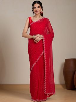 Vervee Couture - Red Embellished Poly Georgette Saree with Unstitched Blouse