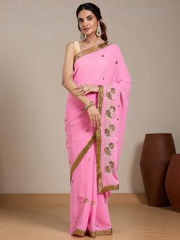 Vervee Couture - Pink Embroidered Sequin Saree with Unstitched Blouse