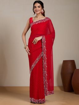 Vervee Couture - Red Embellished Poly Georgette Saree with Unstitched Blouse