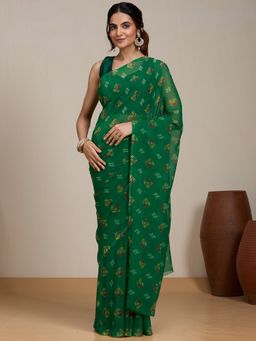 Vervee Couture - Green Bandhani Printed Georgette Saree and Unstitched Blouse