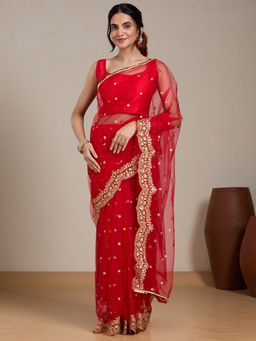 Vervee Couture - Red Embroidered Sequin Saree with Unstitched Blouse