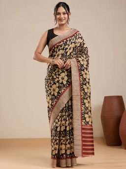 Vervee Couture - Black Floral Printed Silk Blend Saree with Unstitched Blouse