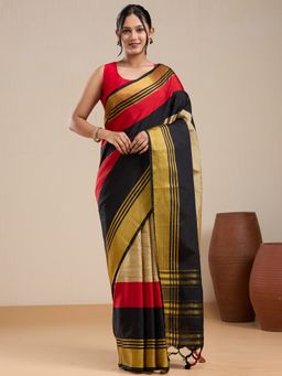 Vervee Couture - Black Silk Blend Saree with Zari Border with Unstitched Blouse