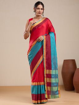 Vervee Couture - Red Woven Silk Blend Saree with Contrast Border and Unstitched Blouse