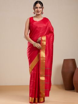 Vervee Couture - Red Woven Silk Blend Saree with Zari Border and Unstitched Blouse