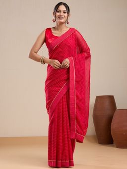 Vervee Couture - Red Poly Georgette Saree with Zari Border with Unstitched Blouse