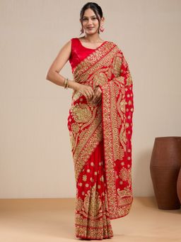 Vervee Couture - Red Georgette Embroidered Border Saree with Unstitched Blouse