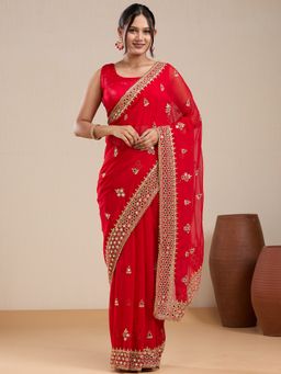Vervee Couture - Red Poly Georgette Embroidered Border Saree with Unstitched Blouse