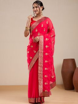 Vervee Couture - Red Poly Georgette Embroidered Saree with Butta Border and Unstitched Blouse
