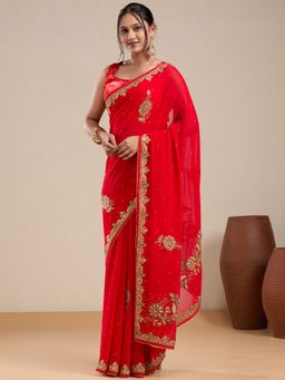 Vervee Couture - Red Pure Georgette Saree with Embellished Border and Unstitched Blouse