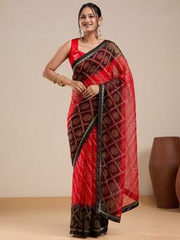 Vervee Couture - Red Black Poly Georgette Saree and Unstitched Blouse