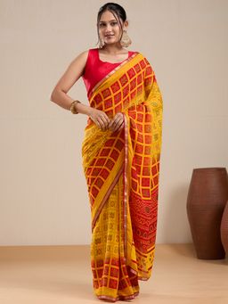 Vervee Couture - Yellow Red Printed Poly Georgette Saree and Unstitched Blouse