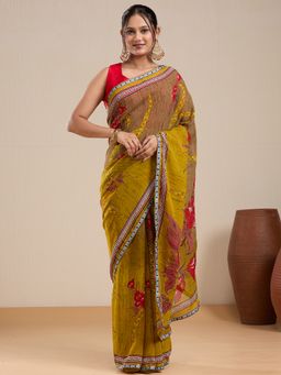 Vervee Couture - Mustard Brown Floral Poly Georgette Saree and Unstitched Blouse