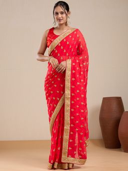 Vervee Couture - Red Poly Georgette Embroidered Saree and Unstitched Blouse