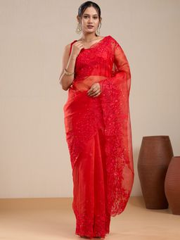 Vervee Couture - Red Embroidered Sequin Work Saree and Unstitched Blouse
