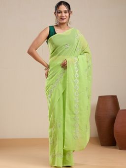 Vervee Couture - Light Green Poly Georgette Sequinned Work Saree and Unstitched Blouse