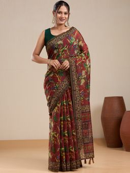 Vervee Couture - Maroon Floral Silk Blend Saree and Unstitched Blouse