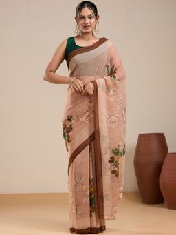 Vervee Couture - Brown Floral Poly Georgette Saree and Unstitched Blouse