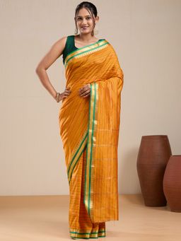Vervee Couture - Mustard Striped Silk Blend Saree and Unstitched Blouse