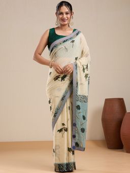 Vervee Couture - Off White Floral Poly Georgette Saree and Unstitched Blouse