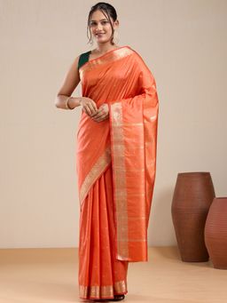 Vervee Couture - Orange Silk Blend Woven Border Saree with Unstitched Blouse