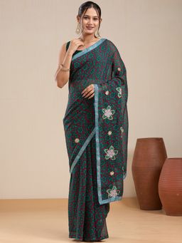 Vervee Couture - Red Floral Printed Poly Georgette Saree with Unstitched Blouse