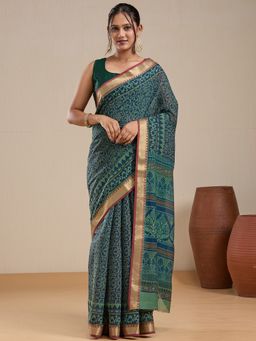 Vervee Couture - Green Blue Printed Silk Blend Saree with Unstitched Blouse