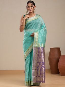 Vervee Couture - Mint Green Silk Blend Zari Border Saree and Unstitched Blouse
