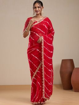 Vervee Couture - Red Tie Dye Poly Georgette Saree and Unstitched Blouse