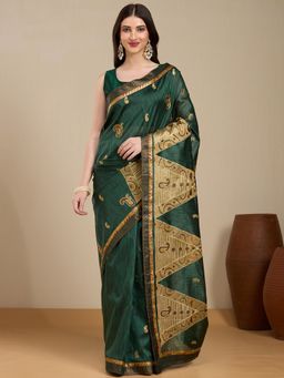 Vervee Couture - Green Silk Blend Embroidered Zari Border Saree with Unstitched Blouse
