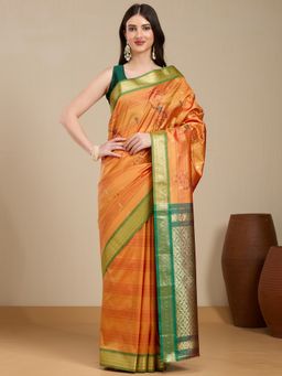 Vervee Couture - Orange Silk Blend Zari Border Saree with Unstitched Blouse