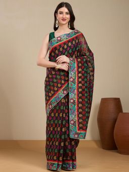 Vervee Couture - Black Paisley Woven Poly Georgette Saree with Unstitched Blouse
