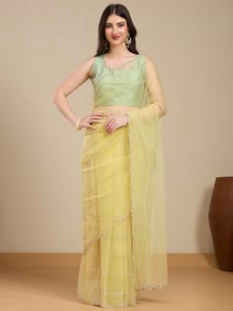 Vervee Couture - Yellow Pure Net Embellished Detailing Saree with Unstitched Blouse