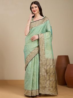 Vervee Couture - Green Silk Blend Saree with Zari Border and Unstitched Blouse