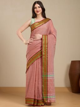 Vervee Couture - Pink Silk Blend Saree with Zari Border and Unstitched Blouse