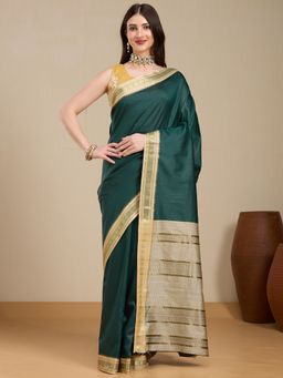 Vervee Couture - Green Silk Blend Saree with Zari Border and Unstitched Blouse