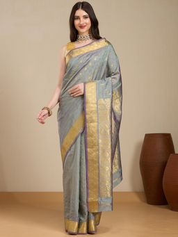 Vervee Couture - Grey Silk Blend Saree with Zari Woven Design and Unstitched Blouse