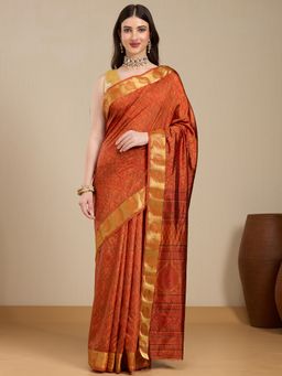 Vervee Couture - Orange Floral Print Silk Blend Saree with and Unstitched Blouse