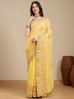 Vervee Couture - Yellow Silk Blend Embroidered Saree with Unstitched Blouse