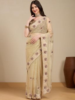 Vervee Couture - Beige Silk Blend Embroidered Saree with Unstitched Blouse