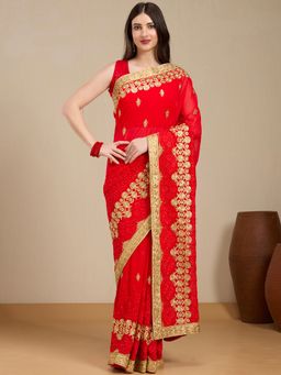 Vervee Couture - Red Poly Georgette Embroidered Saree with Unstitched Blouse