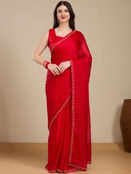 Vervee Couture - Red Poly Georgette Embellished Saree with Unstitched Blouse