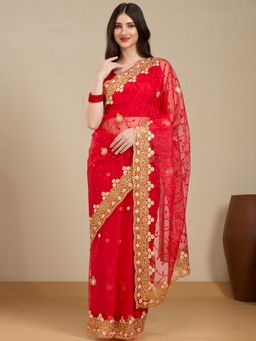 Vervee Couture - Red Pure Net Floral Embroidered Saree with Unstitched Blouse